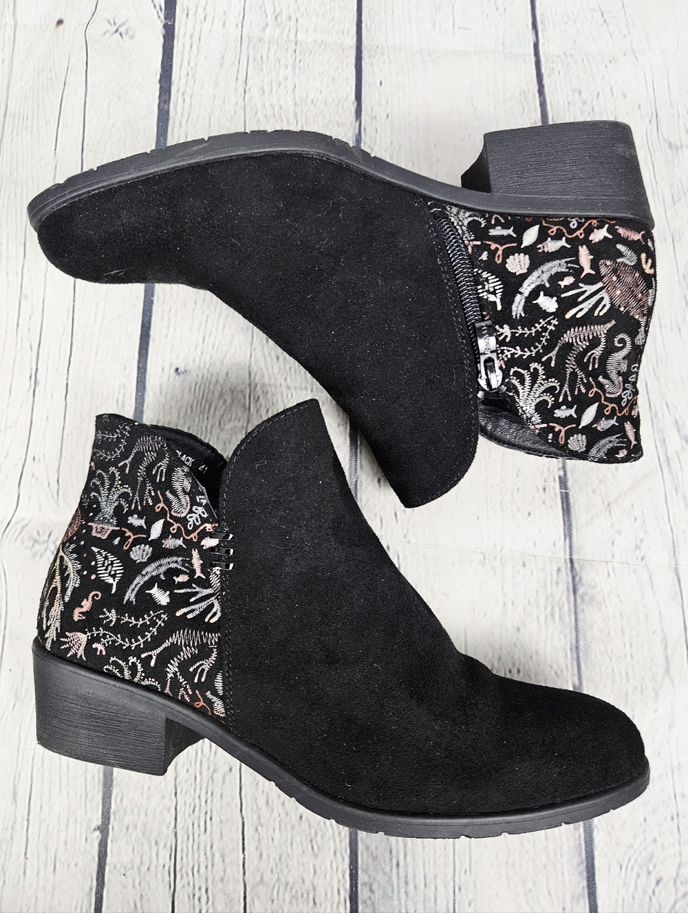 VANGELO | side zip faux suede leather embroidered heeled ankle boot